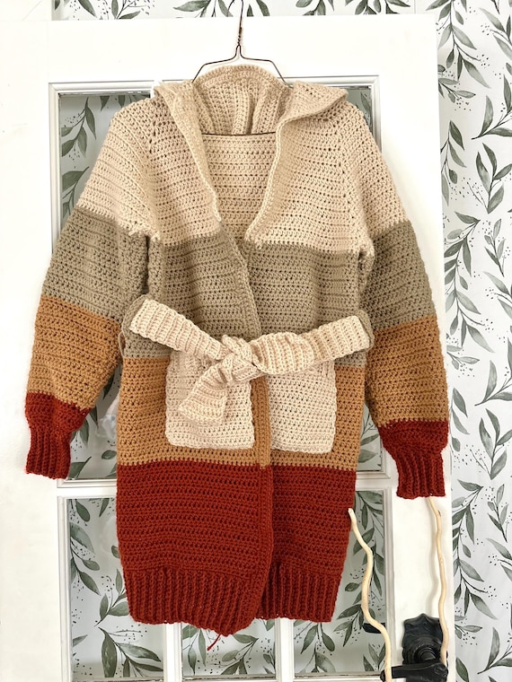 crochet adult sweater with hood and pockets