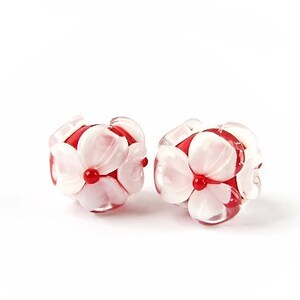 Made to Order Lampwork glass bead earring pair, White flowers on red, Handmade floral glass beads