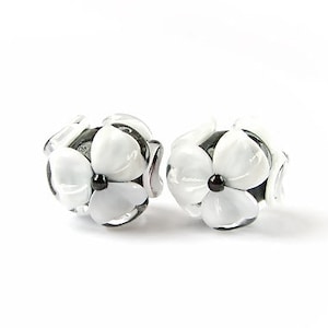 Made to Order Lampwork Beads, Earring Pair,  Flower Beads, Floral Glass Beads, Handmade Glass Beads, Lampwork Bead Set, Black, White Flowers