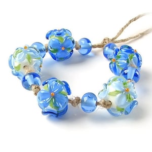 Made to Order Lampwork beads blue flowers, Handmade Lampwork Glass Beads, Glass Lampwork Bead Set, Murano Glass, Floral Glass Beads