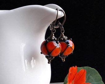 Autumn orange black lampwork earrings, Handmade drop earrings, Murano glass, Halloween beaded artisan jewelry, Fall jewelry