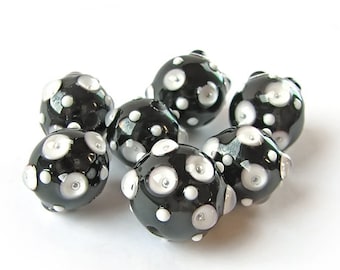 Made to Order 7pcs Big black white lampwork beads, Air bubbles handmade glass bead set, Round random dot artisan beads, Murano glass