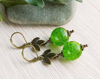 Green lampwork dangle earrings, Beaded glass drop earrings, Boho elven jewelry