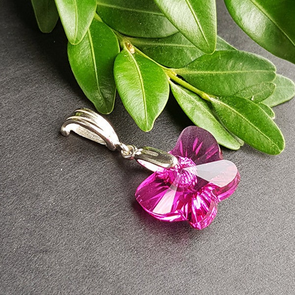 Pendentif papillon en verre de cristal rose fuchsia avec argent sterling pour collier romantique, bijoux boho d’été