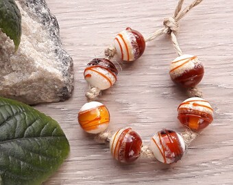 Made to Order 7pcs 13 mm brown ivory lampwork bead set, Handmade Glass Beads, Topaz brown beige, Autumn jewelry, Warm fall colors