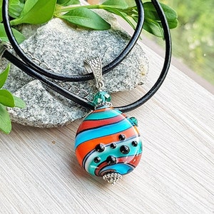 Coral Teal Blue glass pendant on black leather cord, Unisex lampwork necklace, Single bead minimalist jewelry