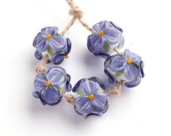 Made to Order 5pcs light purple flowers lampwork beads, Handmade glass bead set, Floral artisan beads
