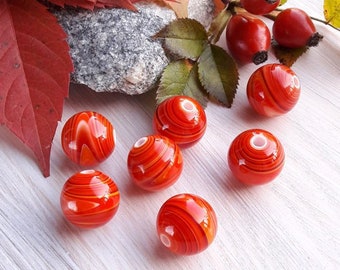 Made to Order 7 pcs 18 mm red orange lampwork beads, Handmade glass bead set, Murano glass, Multicolor striped large beads, Artisan beads