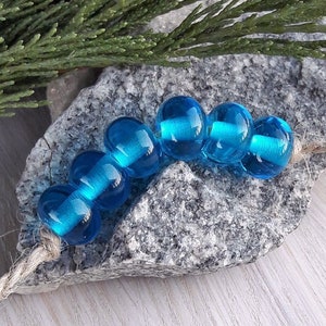 Made to Order 6pcs Aqua Blue lampwork spacer beads, Handmade transparent glass rondelle donut, Little bead set, Murano glass, Craft supplies