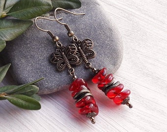 Red drop earrings with brass butterfly and Czech glass beads, Handmade beadwork summer jewelry, Boho dangle earrings, Rustic long earrings