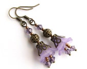Lilac Lucite Earrings, Flower dangle Earrings, Brass Jewelry, Vintage style, Victorian Style Earrings, Beadwork, Boho chick, Floral jewelry