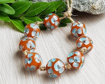 Made to Order 8pcs 13 mm Light Brown lampwork beads with light blue flowers, Handmade glass bead set