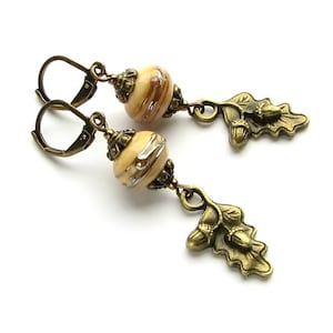 Oak Leaf Acorn Earrings: Lampwork Ivory Beads, Brass Dangles