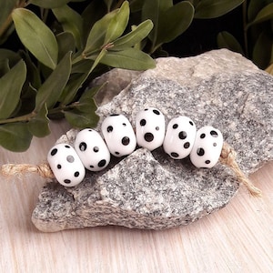 Made to Order 6pcs white lampwork spacer beads with black dots, glass handmade rondelle donut, spotted beads, Polka dot glass bead set