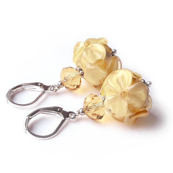 Lampwork Beige Earrings, Ivory Flower Earrings, Handmade Glass Dangle Earrings, Floral jewelry, Summer, Wedding, small romantic earrings