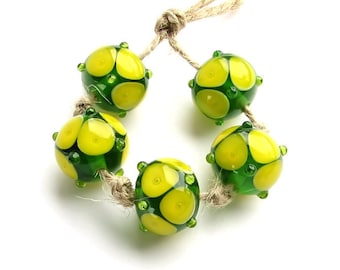 Made to Order Lemon Yellow Green lampwork beads, Handmade glass lampwork bead set, Artisan multicolor beads, Jewelry making supply art beads