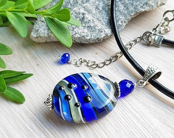 Cobalt Blue glass pendant on black leather cord, Unisex lampwork necklace, Single bead minimalist jewelry