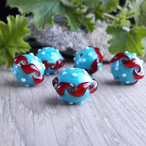 Made to Order 5 pcs Turquoise red lampwork beads, Lampwork bead set, Handmade glass beads, Murano glass, East style, Blue, Multicolor beads
