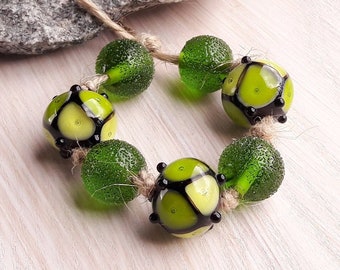Lampwork Glass Bead Set: Green Black Murano Beads, Artisan Jewelry Supply