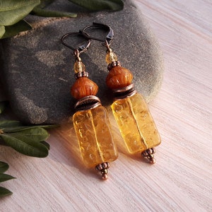 Yellow Czech Glass Drop Earrings: Handmade Boho Beadwork Jewelry