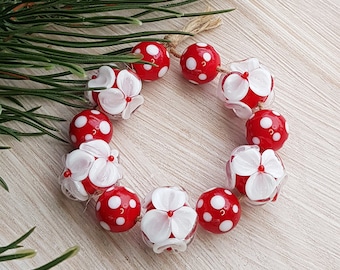 Made to Order Red white mix lampwork bead set, Flowers and Polka Dot handmade lampwork beads, Murano glass, jewelry making supplies