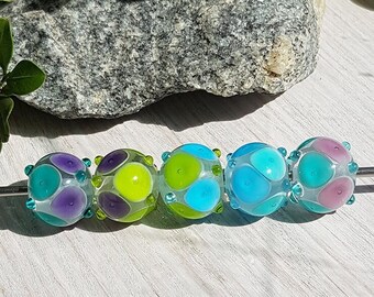 Made to Order Mix set lampwork beads in blue green purple, Handmade glass bead set, Murano Glass, Artisan jewelry supply, Geometric pattern