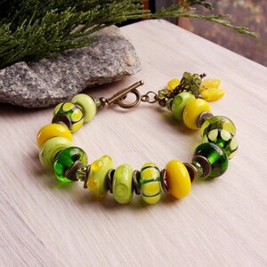 Lampwork Glass Beaded Bracelet: Green & Yellow Spring Jewelry