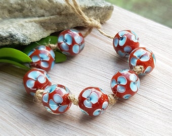 Made to Order 8pcs 13 mm lampwork beads with light blue flowers on middle brown, Handmade glass beads set Summer floral sphere beads craft