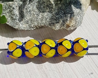 Made to Order Lampwork beads Yellow blue geometric pattern, Handmade glass bead set, Artisan glass charms