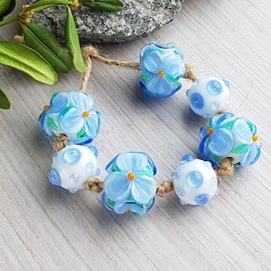 Made to Order 7 pcs Lampwork beads with blue flowers on white, Handmade glass bead set
