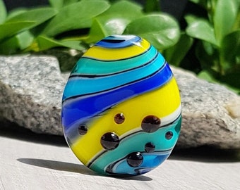 Blue and Yellow lampwork focal bead, Handmade glass single bead, Striped flat pendant, Craft jewellery project supplies