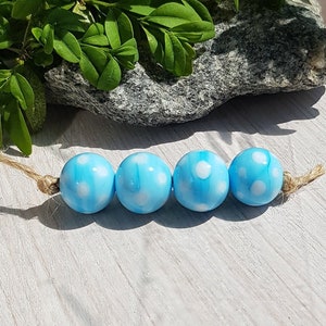 Light blue Polka dot lampwork beads, Orphan glass beads sale, Artisan round beads, Colorful dotted beads
