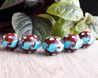 Made to Order 5 pcs Blue Brown Lampwork Beads, Lampwork Bead Set, Handmade, East style, Multicolor beads, Wave decor, Making jewelry