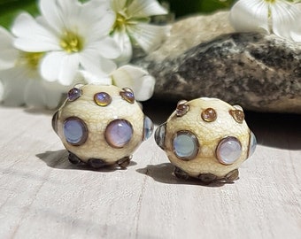 Ivory lilac earring pair lampwork beads, Handmade glass bead set for jewelry making