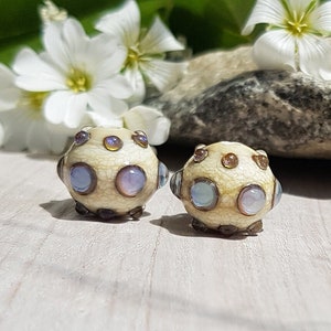 Ivory lilac earring pair lampwork beads, Handmade glass bead set for jewelry making