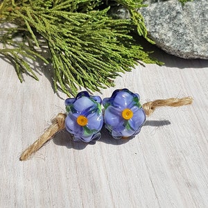 Violet flower earring pair, Lampwork glass beads, Handmade Glass Bead Set