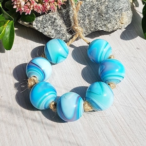 Made to Order 7 pcs 18 mm blue purple lampwork beads, Handmade glass lampwork bead set, Murano glass, Multicolor striped large beads