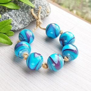 Made to Order 7 pcs 18 mm lampwork beads in blue & purple, Handmade glass bead set, Multicolor striped large beads, Artisan round beads