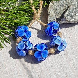 Made to Order 5 pcs Blue flower beads, Handmade lampwork glass bead mix set, Murano Glass, Artisan jewelry supply, Winter floral beads