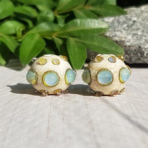 Made to Order Ivory blue green earring pair lampwork beads, Handmade glass bead set for jewelry making