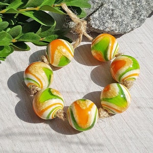 7pcs 18mm Made to Order lampwork beads in orange green ivory, Handmade Glass Bead set, Artisan large beads, Multicolor big round beads