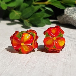 Made to Order Red Flowers Lampwork Beads Earring Pair, Handmade artisan beads, Lampwork Bead Set, Floral romantic earrings making, 3d beads