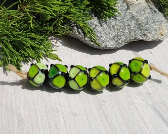 Green on black lampwork beads, Orphan glass beads sale, Geometric pattern beads,  Artisan beads