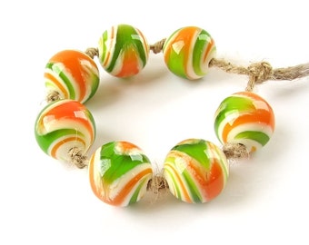 7pcs 18mm Made to Order lampwork beads in orange green ivory, Handmade Glass Bead set, Artisan large beads, Multicolor big round beads