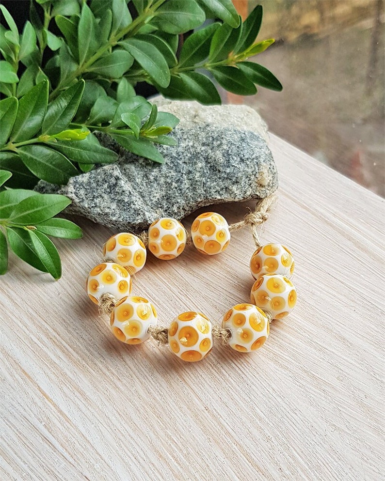 Made to Order 9 pcs Lampwork beads in topaz brown and white, Handmade glass bead set to create jewelry image 1