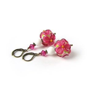 Ruby Flower Lampwork Earrings, Handmade Glass Earrings, Pink Flower Dangle Earrings, Boho jewelry, Floral Jewelry, Summer, Spring, Wedding
