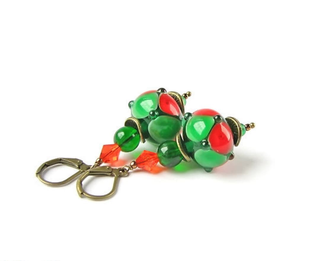 Green Orange Lampwork Earrings, Autumn Drop Earrings, Handmade Beadwork