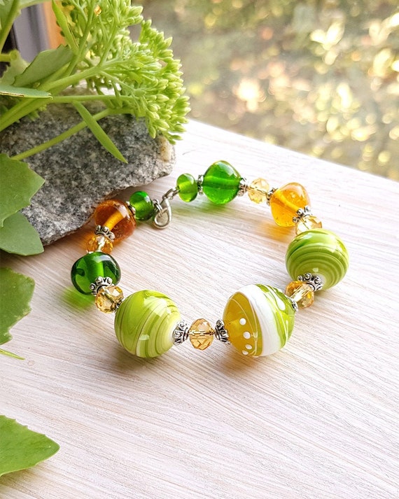 Green yellow bracelet with large glass lampwork beads Etsy