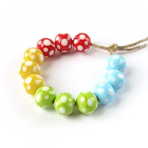 12 pcs 13mm Lampwork bead set Red Yellow Green Blue handmade round beads Made to Order Polka dot glass beads Mix lot for jewelry making