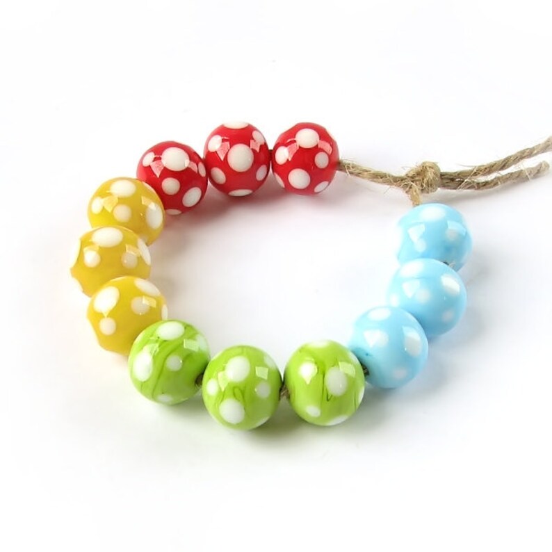 12 pcs 13mm Lampwork bead set Red Yellow Green Blue handmade round beads Made to Order Polka dot glass beads Mix lot for jewelry making